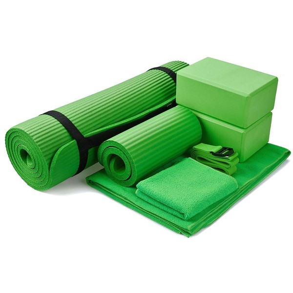 BalanceFrom GoYoga 7-Piece Set - Include Yoga Mat with Carrying Strap, 2 Yoga Blocks, Yoga Mat Towel, Yoga Hand Towel, Yoga Strap and Yoga Knee Pad (Green, 1/2"-Thick Mat)