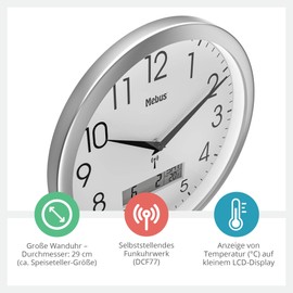 Mebus 19422 Wireless Wall Clock 29 cm Silent LCD Display for Date and Temperature White - Multifunctional and Quiet