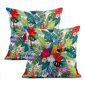 Zynii Set Of Two Throw Cushion Covers Decorative Botanical Beautiful Tropical Exotic Parrot Birds Wth Jungle Pattern 18 x 18 Inch Pillow Case Home Car Sofa Office Meeting Room Decor Cushion Pillowcase
