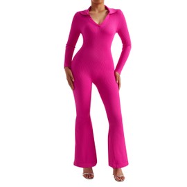 MOOSLOVER Women V Neck Polo Collared Long Sleeve Jumpsuit Ribbed One Piece Bodycon Flare Jumpsuits(XL,#3 Rose Pink-Collared Neck)