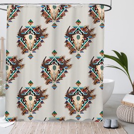 Lofaris Western Bull Skull Shower Curtain Native Aztec Tribal Bull Skull Southwestern Cow Decor Bath Curtains Vintage Farmhouse Country Bohemian Geometric Pattern Accessories Bathtub Decor