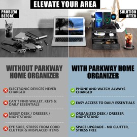 Black Wood Phone Docking Station for up to 3 Phones - Nightstand Organizer for Men & Women Holds Phones, Tablets, Keys, Rings, Glasses, Watches, EDC & More - With Special Drawer for Valuables