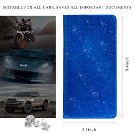 povtii Car Registration and Insurance Holder, Bling PU Leather Vehicle Card Document Glove Box Organizer, Waterproof License Registration Holder for Driver License Cards Documents (Glitter Blue)