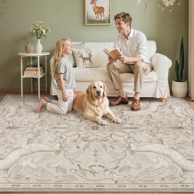 Lahome Boho Animal 5x7 Washable Living Room Area Rugs, Beige