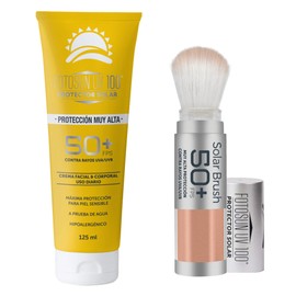 Fotosun UV 100 Protector Solar Facial en Polvo con Brocha + Bloqueador Solar en Crema 50+ FPS Protección UVA UVB Kit de Uso Diario paro Todo Tipo de Piel (Solar Brush + Adulto 125ml)