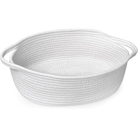 White Small Woven Basket, 13” x 9” x 5” Baskets for Gifts Empty Cotton Rope, Cute Nursery Baby Storage Organizer, Wicker Cat Toy Bin Box with Handles, Empty Gift Basket for Mother's Day