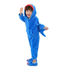 LOLANTA Kids Shark Costume, Animal Boys Union Suit, One-Piece Bodysuit Hooded Flannel Fancy Dress, Blue, 4-6 Years, Tag M