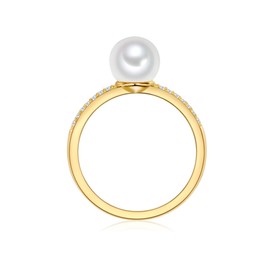 Valero Pearls Women's Ring 925 Sterling Silver Yellow Gold-Plated with Freshwater Cultured Pearl White Round 7.0-8.0 mm Zirconia, 52, Cubic Zirconia