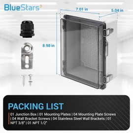 BlueStars Clear Junction Box IP67, 8.98" x 5.04" x 7.01" Electrical Enclosure with Mounting Plate, Wall Brackets and Grey Hinged Door for Outdoor and Indoor use