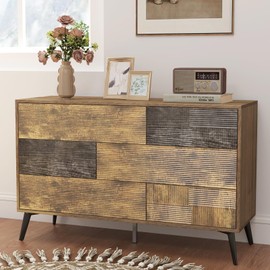 Hadulcet 6 Drawer Dresser for Bedroom in Dark Wood, Fluted Modern Chest of Drawers with Push to Open Storage, 47” Handleless Wooden Dresser TV Stand for Living Room or Entryway