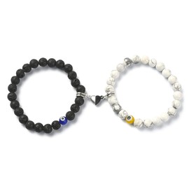 Hemasa 2Pcs Natural Lava Rock & Howlite Round Beaded Stretch Bracelets with Evil Eye with Magnetic Heart Charm