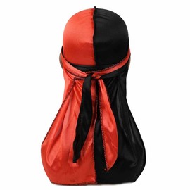 SHTGOI Long Hair Cap, Two-Tone Silk Durag with Long Tail, Pirate Hat, Bandana, Hip-Hop Headscarf, Lightweight and Breathable Turban, Sleep Cap for Men and Women, Orange+Black