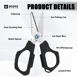 Booms Fishing Braided Line Cutter: 6.3in Multifunction Fishing Scissors with Retractor - Fishing Shears with Serrated Blades and Side Wire Cutter, S04