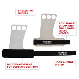 WARM BODY COLD MIND Leather Hand Grips - 3-Hole Gloves for Weightlifting, Gymnastics, Crossfit, Pull Ups, Lifting Straps Strength Training, Fitness, Bodybuilding, Weightlifting, Gym, for Men and Women