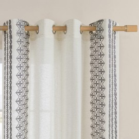 Boho Curtains 63 Inch Length 2 Panels Set Natural Linen Textured Curtains for Living Room Bedroom Grommet Neutral Semi Sheer Embroidery Window Curtains Farmhouse Dining Room, 52x63 Inches Long, Grey