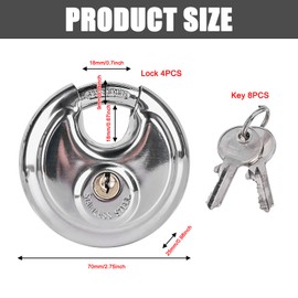Pack of 4 Round Shackle Padlock 9.5 mm Shackle Thickness, Padlock with Key, 70 mm Stainless Steel Round Shackle Lock Padlock Weatherproof Rustproof