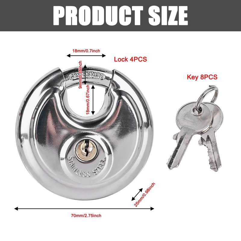 Pack of 4 Round Shackle Padlock 9.5 mm Shackle Thickness,