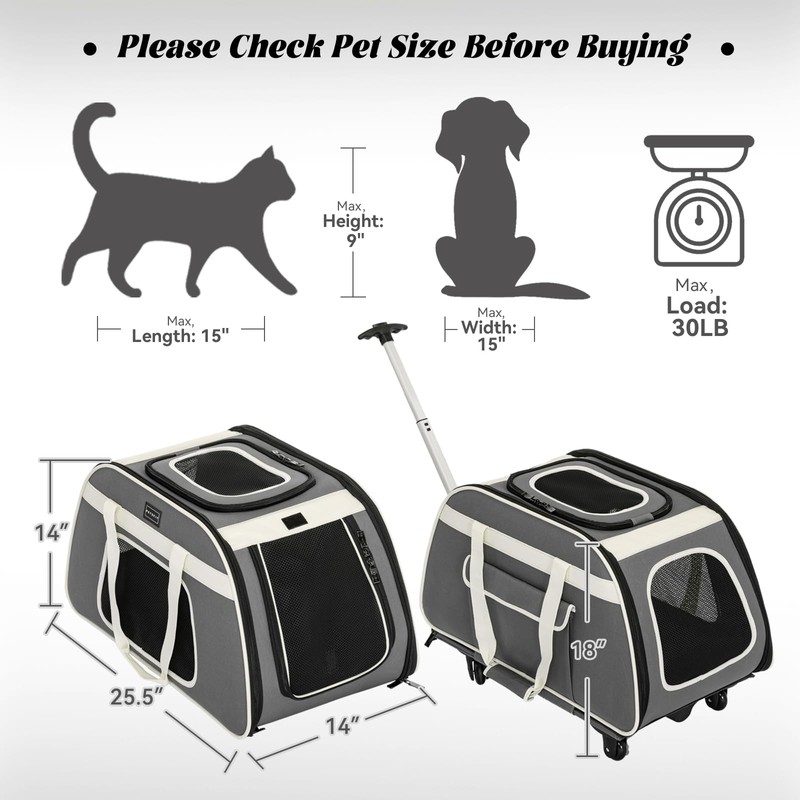 PETSFIT Large Pet Carrier with Wheels Designed for 2 Small