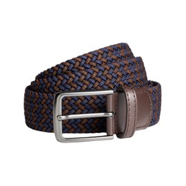 QUALIBELT Elastic Braided Belt for Men, 1.38" Wide with Genuine Leather, Plus Size Stretch Belt for Golf, Casual, and Dress Pants (Navy/Brown, Waist 32"-38" Adjustable)