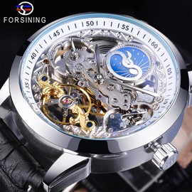 FORSINING Men's Skeleton Moon Phase Watch Mechanical Self-Wind Tourbillon Dual Time Zone Watches Automatic Luxury Leather Strap Large Dial Wristwatch, White
