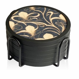 Absorbent Coasters for Drinks with Holder - 6packs, Silicone Coasters with Soft Felt Insert (4.3 inch Coasters with 4.5 inch Holder, Dual-Sided Flower -Themed Patterns)