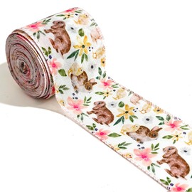 HIENAJ Easter Wired Edge Ribbon Spring Floral Bunny Wired Ribbon Watercolor Easter Rabbit Flower Fabric Craft Ribbon for Gift Wrapping Floral Arrangement Wreath Bow DIY Crafts, 10 Yards, 2.5 Inch