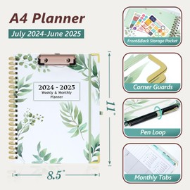 Eyrozill Planner 2024-2025 Weekly and Monthly，8.5" X 11" 2025 Calendar Monthly Planner Jul.2024- Jun.2025 Planner With Clipboard Stickers for School Office-Green Plants（A4）