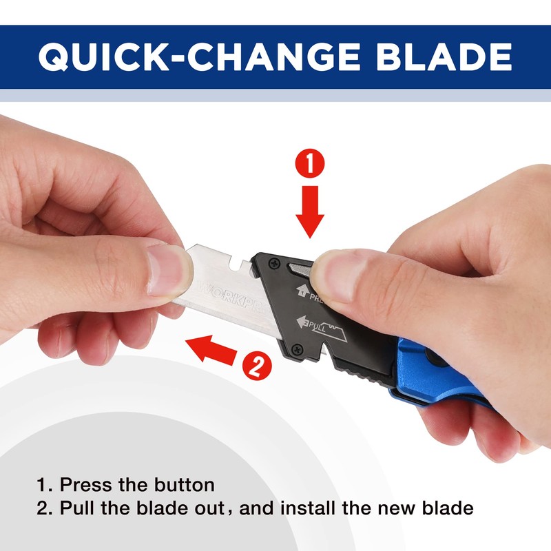 WORKPRO Folding Utility Knife, Heavy Duty Metal, Quick Open Botton
