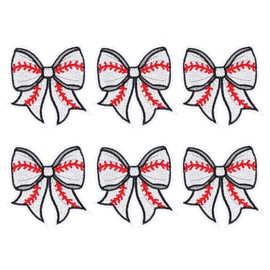 GEEHUA 6PCS Baseball Iron on Patches, Baseball Bow Patches Embroidered Applique Decorative Patch Iron on for Clothes Hats Backpacks DIY Sports Style Customization(White)