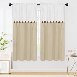 FRAMICS Farmhouse Cotton Linen Curtains for Living Room, Boho Button Curtains 63 inch Length, Rustic Country Linen Window Curtains for Bedroom, Rod Pocket Drapes, 52 x 63 Inch, White and Linen