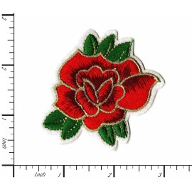 Patchwork Paradise Red Rose with Gold Trim Iron-On Patch - Embroidered Floral Applique for Clothes