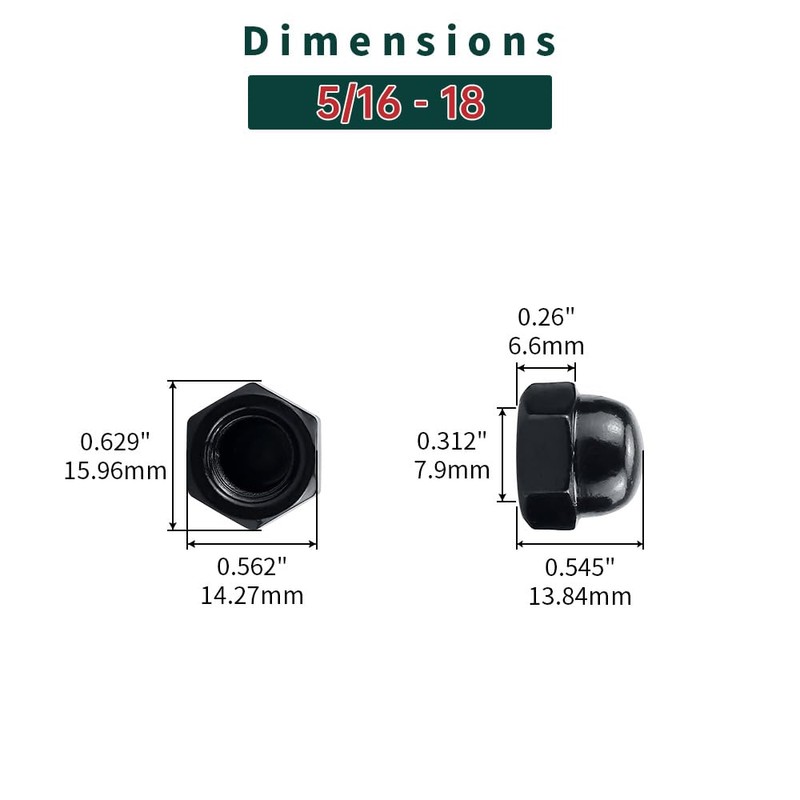 5/16-18 Black Acorn Hex Cap Nuts (20 pcs), 304 Stainless