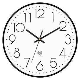 Foxtop Atomic Wall Clock, 12 Inch Self-Setting Wall Clock, Battery Operated Round Modern Clock for Office Classroom School Living Room Bedroom Kitchen Home, Black