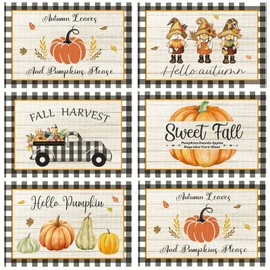6 PCS Fall Buffalo Plaids Placemat Fall Placemats Pumpkin Harvest Autumn Placemat Decorations Autumn Farmhouse Decorative Fall Thanksgiving Dining Table Accessories