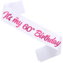 FSJJLLU ‘It's My 60th Birthday' Sash White with Foil Pink Letters-60th Birthday Sash for Women-1 Count--3.74" W x 31.5" L - Female-Party Favors Supplies