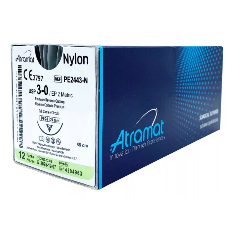 Atramat Sutura Nylon 3-0 3/8 Reverso Cortante 24mm 45cm Pe2443-n
