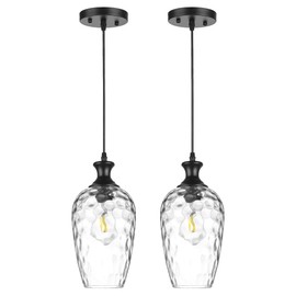 SADUENFR 2Pcs Glass Pendant Lights Kitchen Island, 1-Light Black Pendant Light Fixtures with Hand-Blown Clear Glass, Farmhouse Hanging Light for Kitchen Sink Dining Room Bedroom, E26