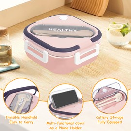 Ruaizel Large Metal Bento Container with 3 Compartment, Removable Stainless Steel Lunch Box, Bento Box with Cutlery, 3 In 1 Portable Bento for School Office (Pink)