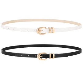WERFORU 2 Pack Women's Skinny Belt Women's Thin Leather Belt with Gold/Silver Buckles for Jeans Dresses, Black+white