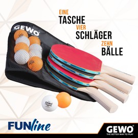 GEWO Fun TIME Tischtennisschläger Set für Hobby und Freizeit mit 10 Tischtennis Bällen und Aufbewahrungstasche/ 4er Set/Ping Pong Set/Komplettschläger mit Noppen-Innen-Belag, Griff konkav