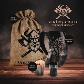 VIKING CRAFT® Drinking Horn Viking Jug 600 ml - Large Horn Jug Fenrir and 2 Viking Cups for Your Viking Mead Honey Wine - Horn Cup, Viking Decoration, Horn Set, Medieval, LARP, Bowls