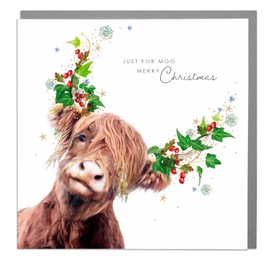 Lola Design - Just For Moo, Merry Christmas - Highland Cow - Blank Christmas Card With Grey Envelope for Women