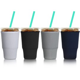 Patelai 4 Pieces Reusable Iced Coffee Sleeve Cup Insulator for Cold Drinks Beverages and Holder for Most Coffee (30-32 oz Large,solid Color Style)