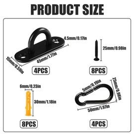 Jyeennar 4 Pcs Stainless Steel Eye Pad Plates,4 Pcs Carabiner Clips, M5 Pad Eye with 8 Screws and 8 Plastic Expansion Pipes, Metal Staple Ring Hook for Hanging Wall Ceiling Hardware Accessories