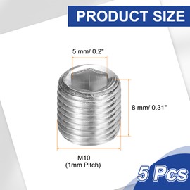 PATIKIL 5pcs 304 Stainless Steel Pipe Plug M10 x 1 Female Internal Hex Thread Socket Pipe Plug Hex Counter Sink Pipe Fitting for Sealing, Silver