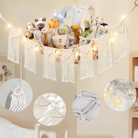 Meirenda Stuffed Animal Hammock with LED Light, Stuffed Animal Toy Net Hammock Hanging Stuffed Animal Storage Organizer Holder Room Décor for Nursery Kids Bedroom (Beige)