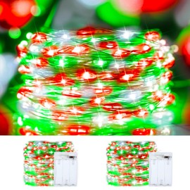 Christmas String Lights Red Green White Copper Wire, 2 Pack Total 200LED Fairy Lights Waterproof Twinkle Lights for Xmas, Bedroom, Garden, Patio, Outdoor Decor- Red White Green
