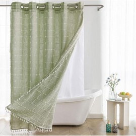 Sage Green Farmhouse Shower Curtain with Snap-in Liner, No Hooks Needed,with Window, with Magnets,with Tassels,Water Repellent&Machine Washable,71x74Inch - Color: Sage Green-74L*71W