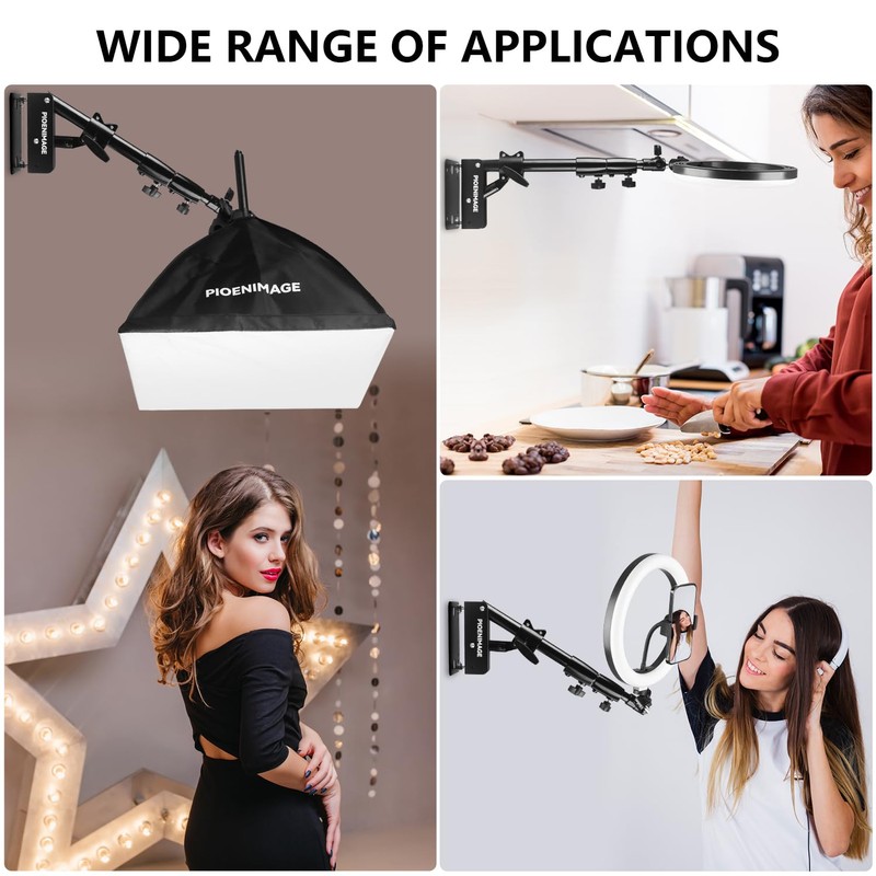 PIOENIMAGE 42" Wall Mount Triangle Boom Arm, Retractable Ring Light