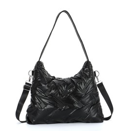 Freiesoldaten Puffer Quilted Tote Bag for Women Padded Shoulder Bag Lightweight Padding Carry Bag Crossbody Bag Hobo Bag with Zip, black